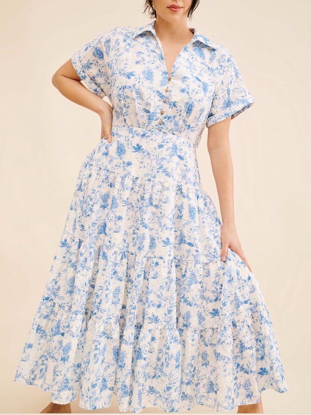 En Saison White and Light Blue Floral Midi Shirt Dress